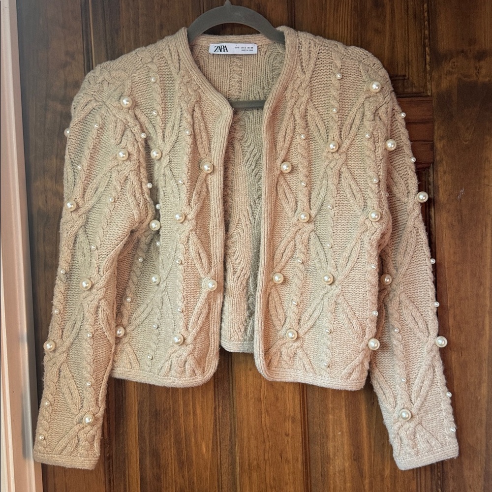 Zara Cream Pearl-Embellished Cable Knit Cardigan
